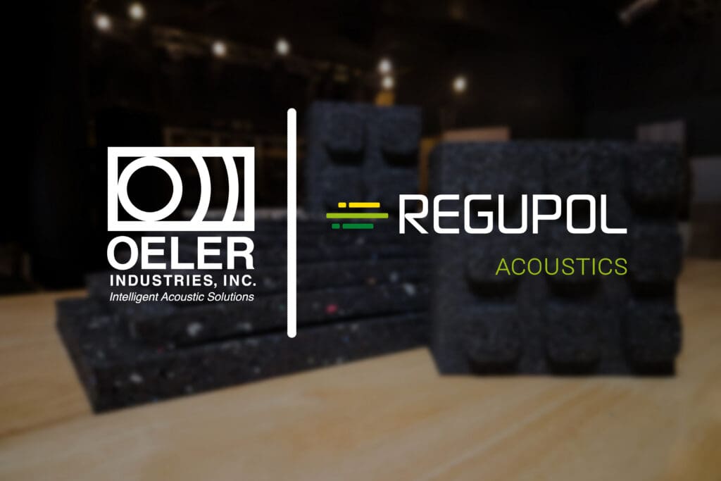 Oeler Industries, Inc. logo and REGUPOL Acoustics logo on top of REGUPOL Acoustics products