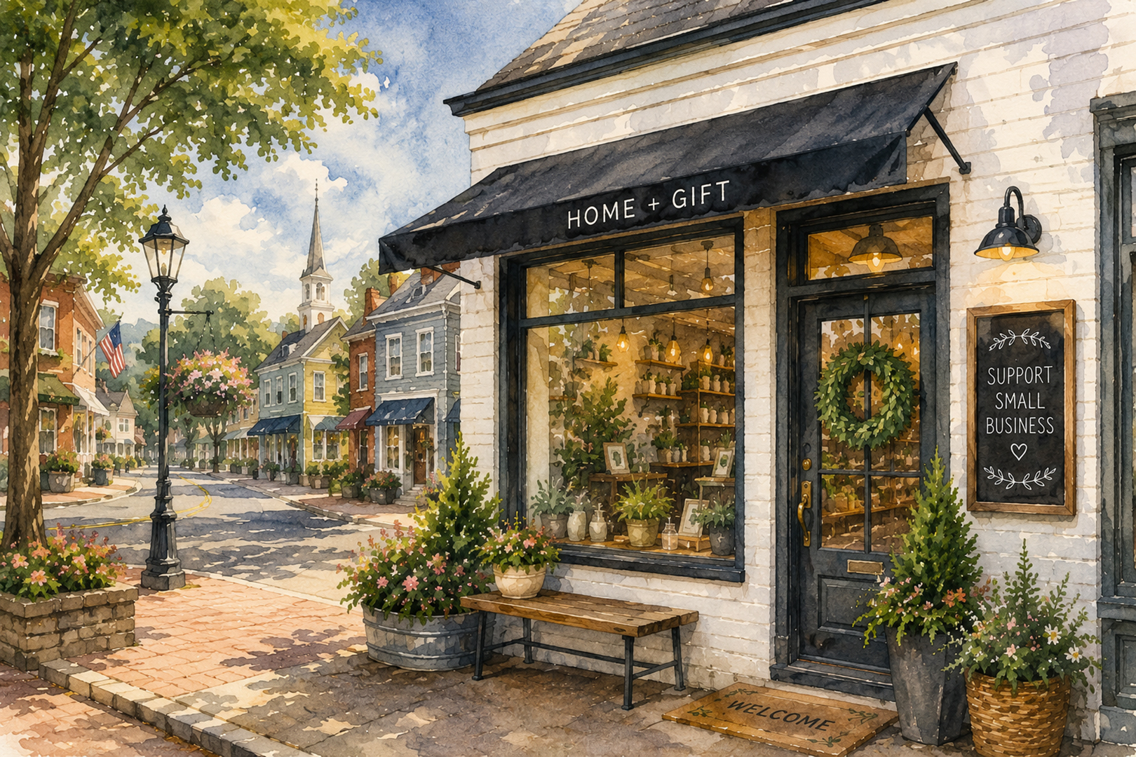 Watercolor render of a small business in an idyllic town